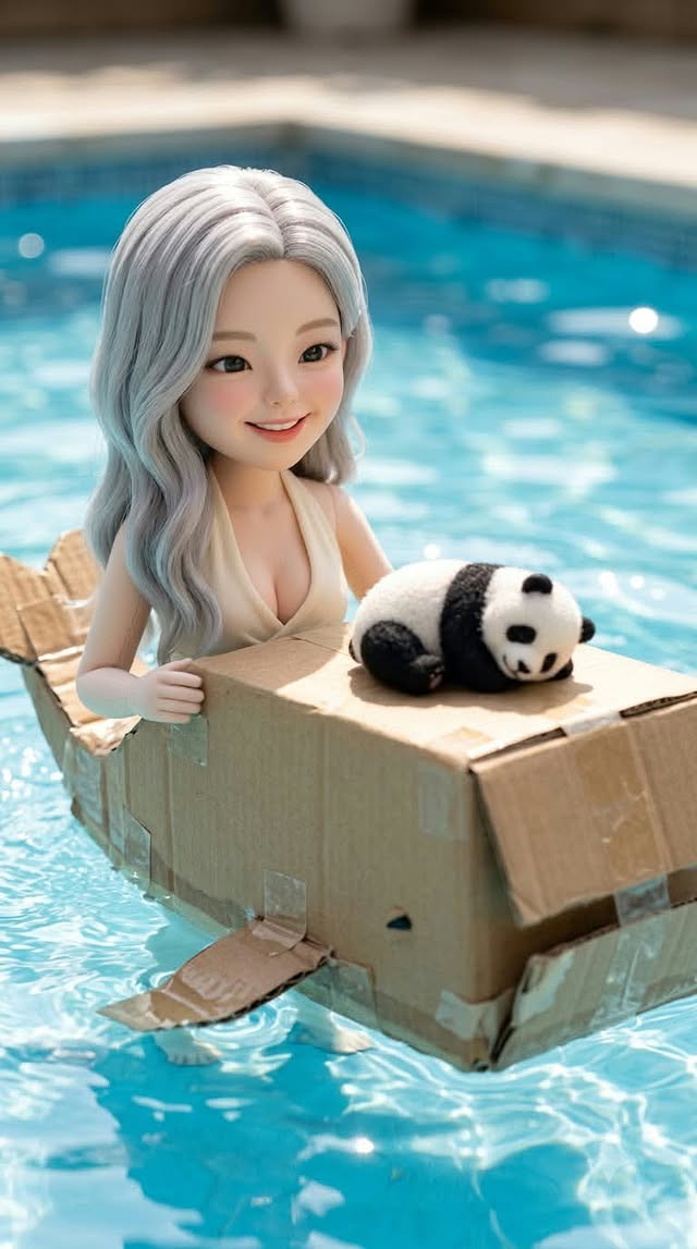 Reference image for the character happily splashes and plays beside a handmade cardboard-box