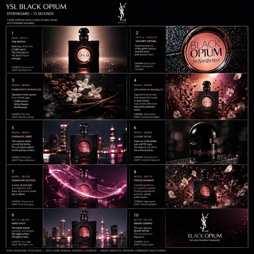 Reference image for Luxury fragrance commercial storyboard for YSL Black Opium