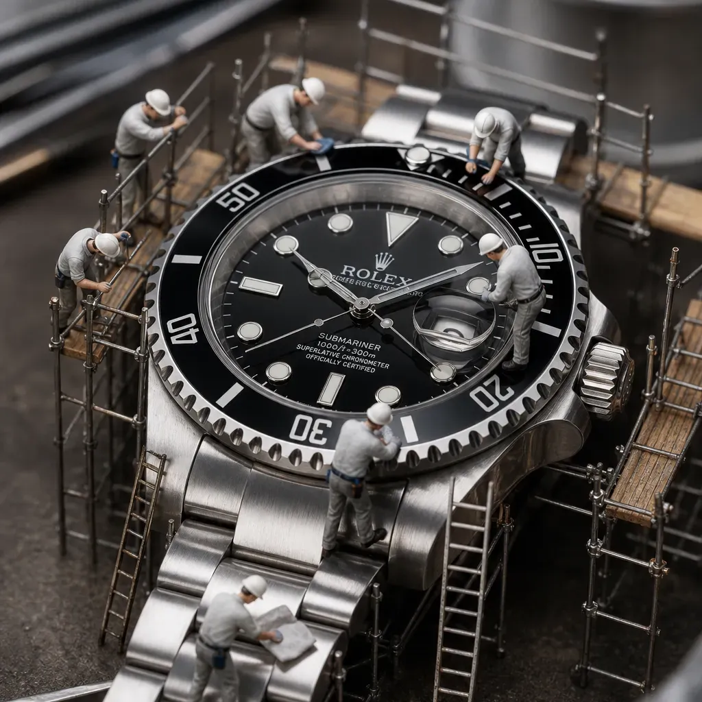 Reference image for A wide-angle close-up of a Rolex Submariner watch on a desk