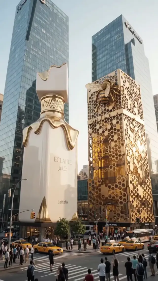 Giant Perfume Bottle Skyscrapers AI Video Prompt for Luxury Brand Advertising