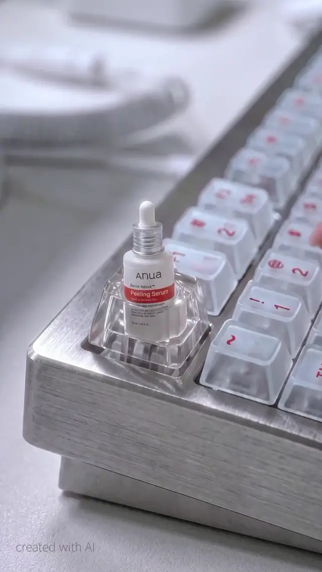 Macro close-up of AI-generated silver mechanical keyboard with miniature serum bottle keycap