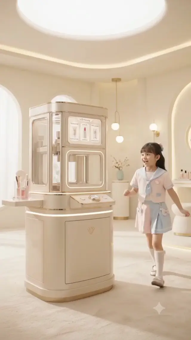Whimsical girl creates custom lipstick at glowing beauty machine in pastel magical future