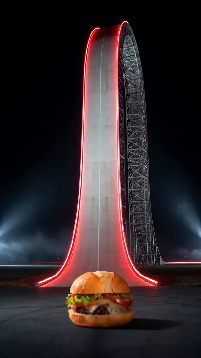 A glossy photorealistic cheeseburger accelerates up a wet concrete ramp and launches into a dark void