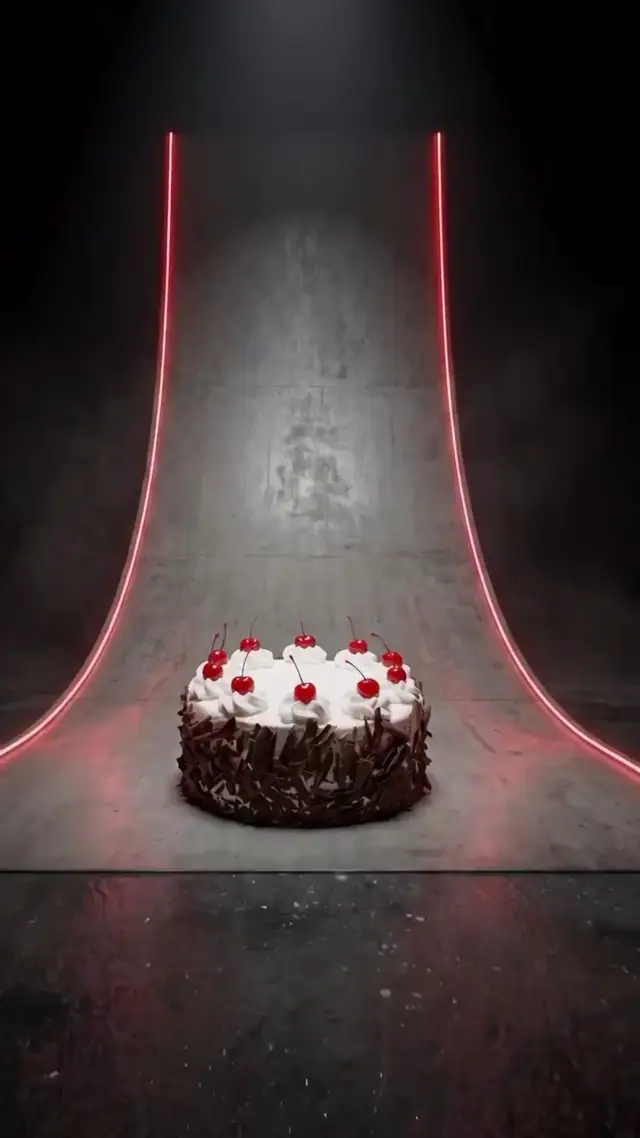 Cinematic crane shot reveals Black Forest cake glowing under neon arches, mechanical fog swirling around the stand befor