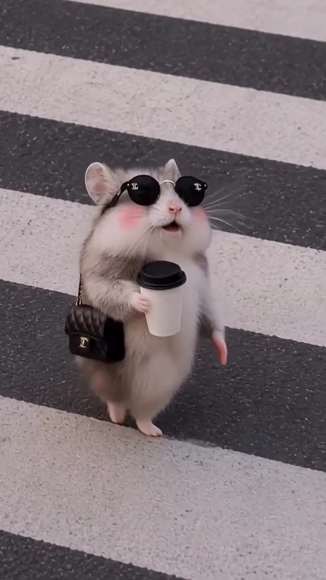 Energetic Hamster Dancing on Crosswalk with Coffee Cup and Handbag to Synth Pop Music
